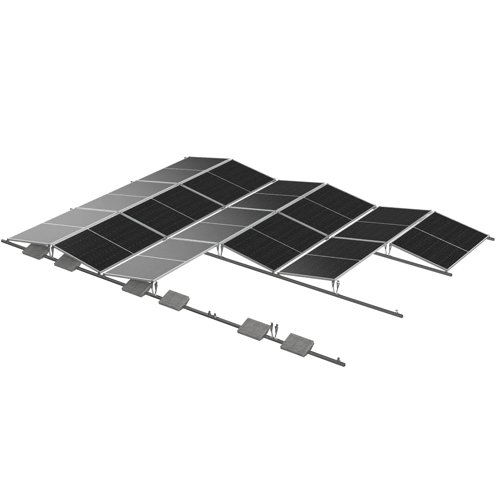 Балластная опорная конструкция B2.SOLAR в конфигурации Юг 15° с механическими связями между всеми модулями